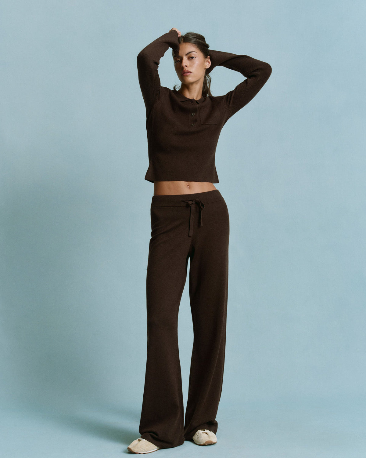 Knit Long Sleeve Button Up Top - Coffee Bean