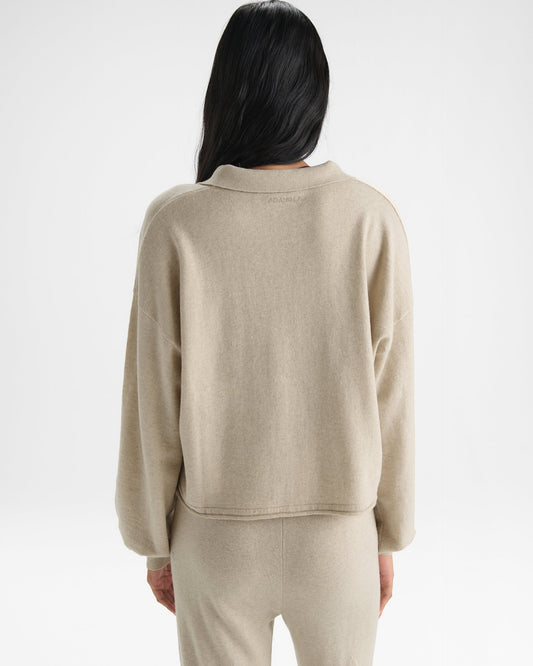 Roll Edge Knit Polo Top - Oatmeal Marl