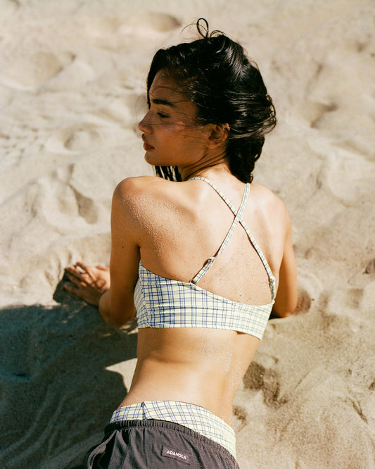 Checked Cross Back Tankini Top - Buttercream/Blossom Blue