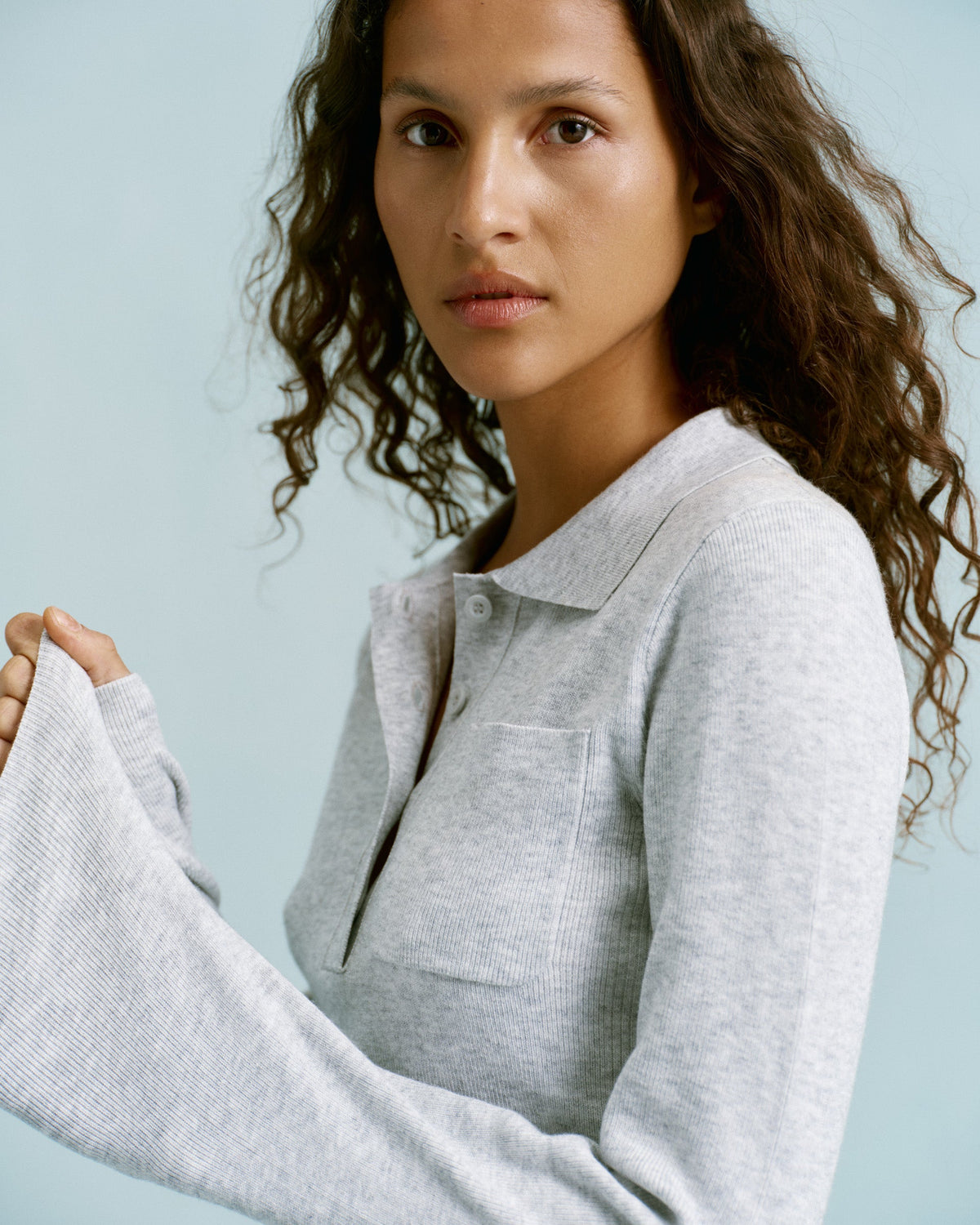 Knit Long Sleeve Button Up Top - Light Grey Melange