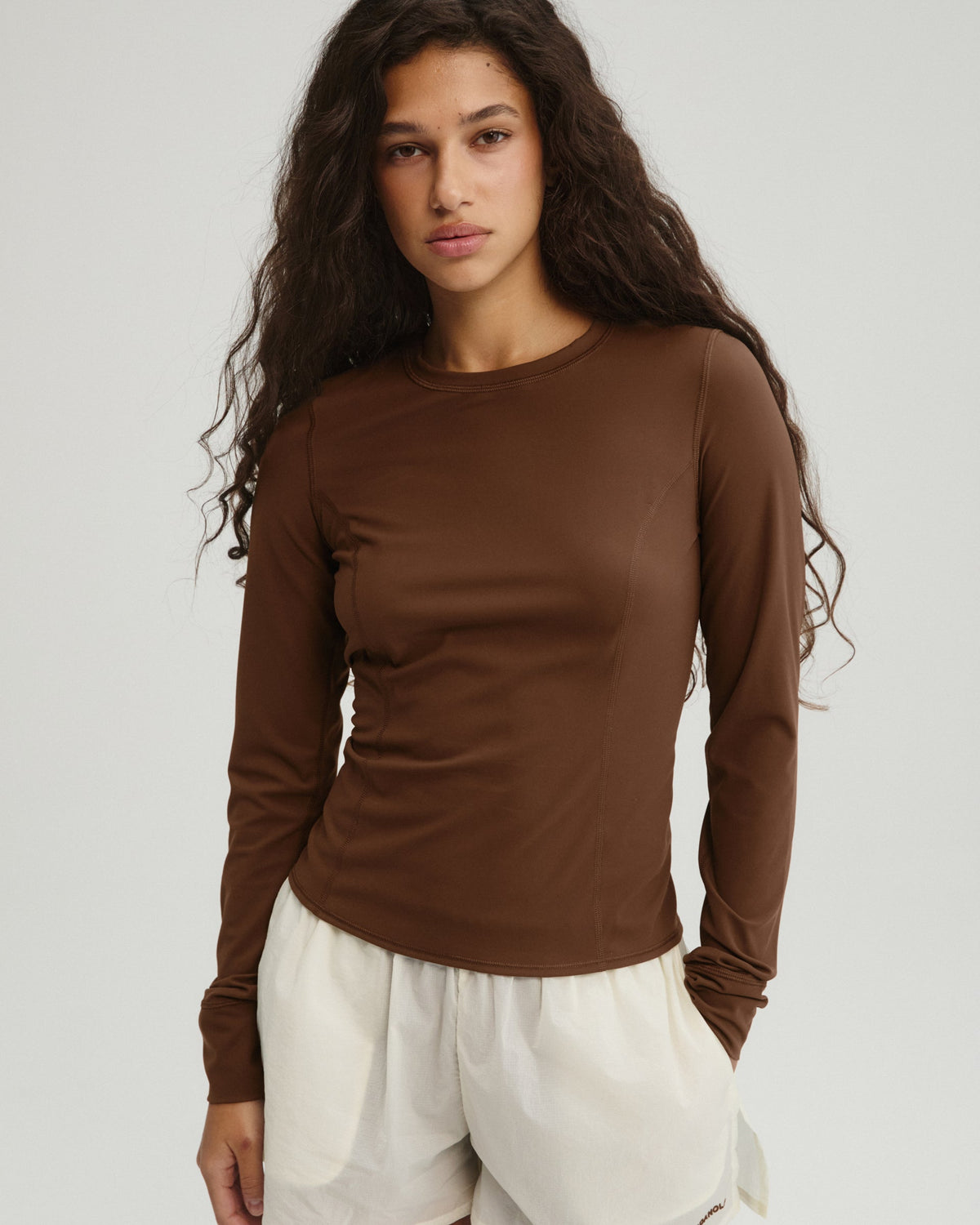 Panelled Long Sleeve Top - Mocha Brown