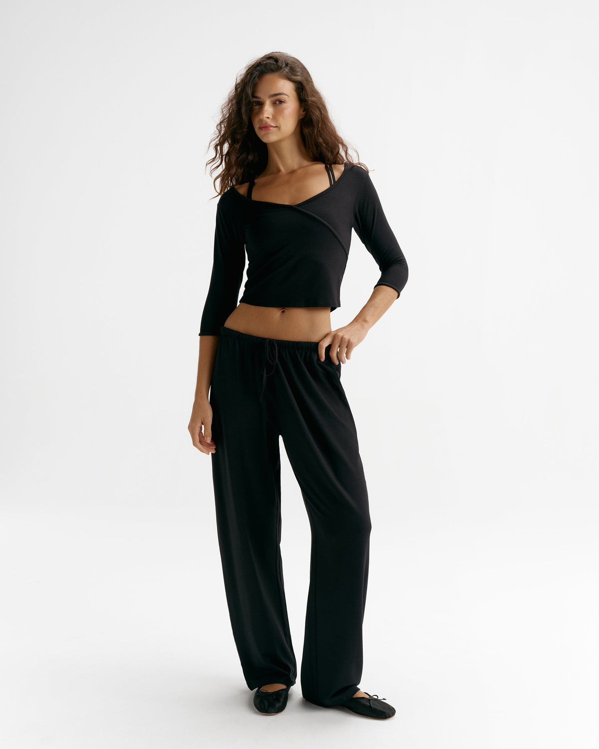 Modal Soft Lounge Long Sleeve Wrap Top - Black