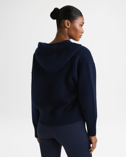 Knit Hooded Bomber Jacket - Navy Blue