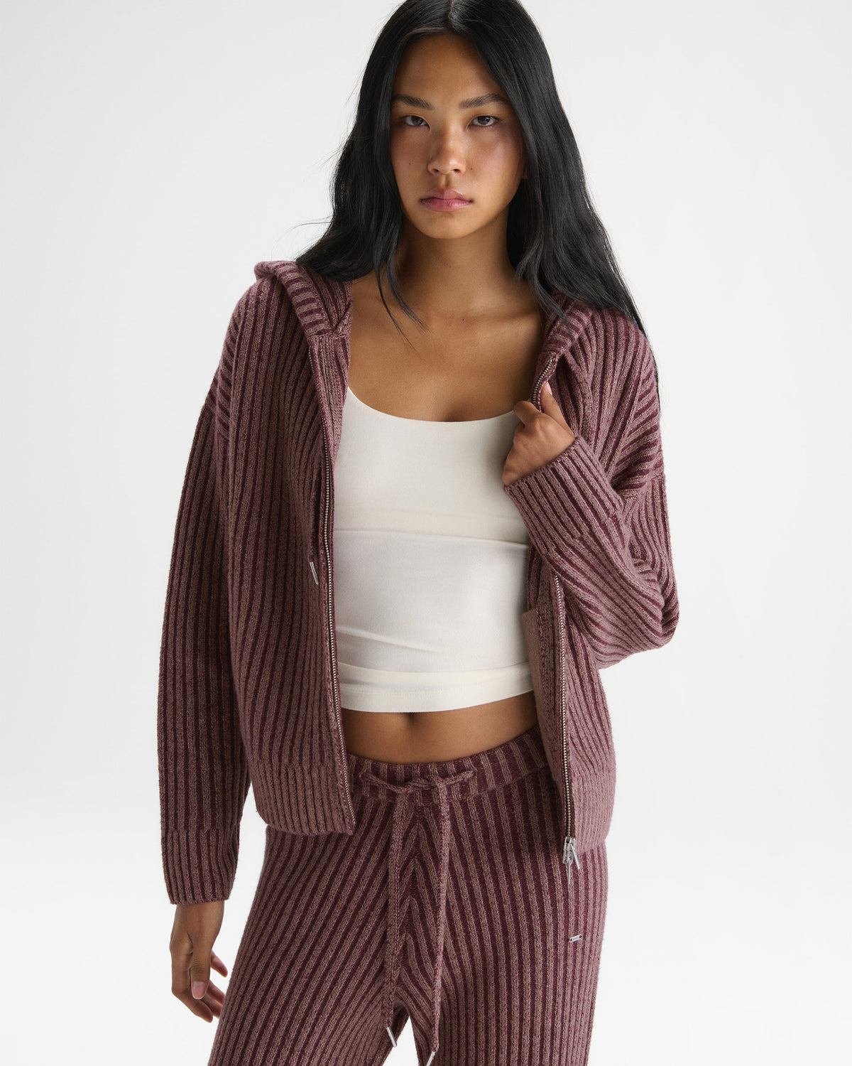 Two Tone Rib Knit Zip Through Hoodie - Damson