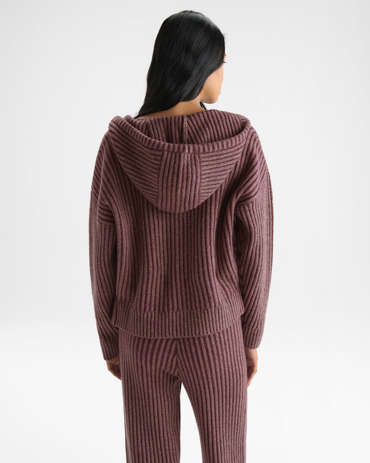 Two Tone Rib Knit Zip Through Hoodie - Damson