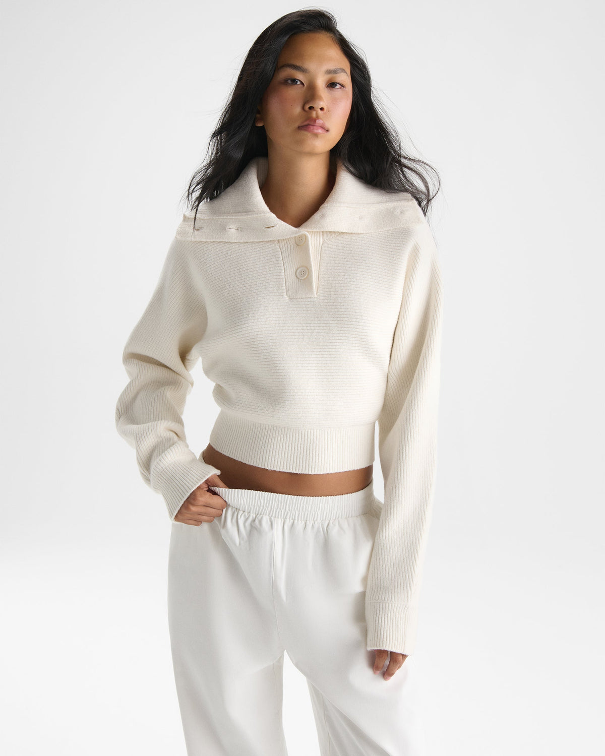 Rib Knit Funnel Sweatshirt - Marshmallow White