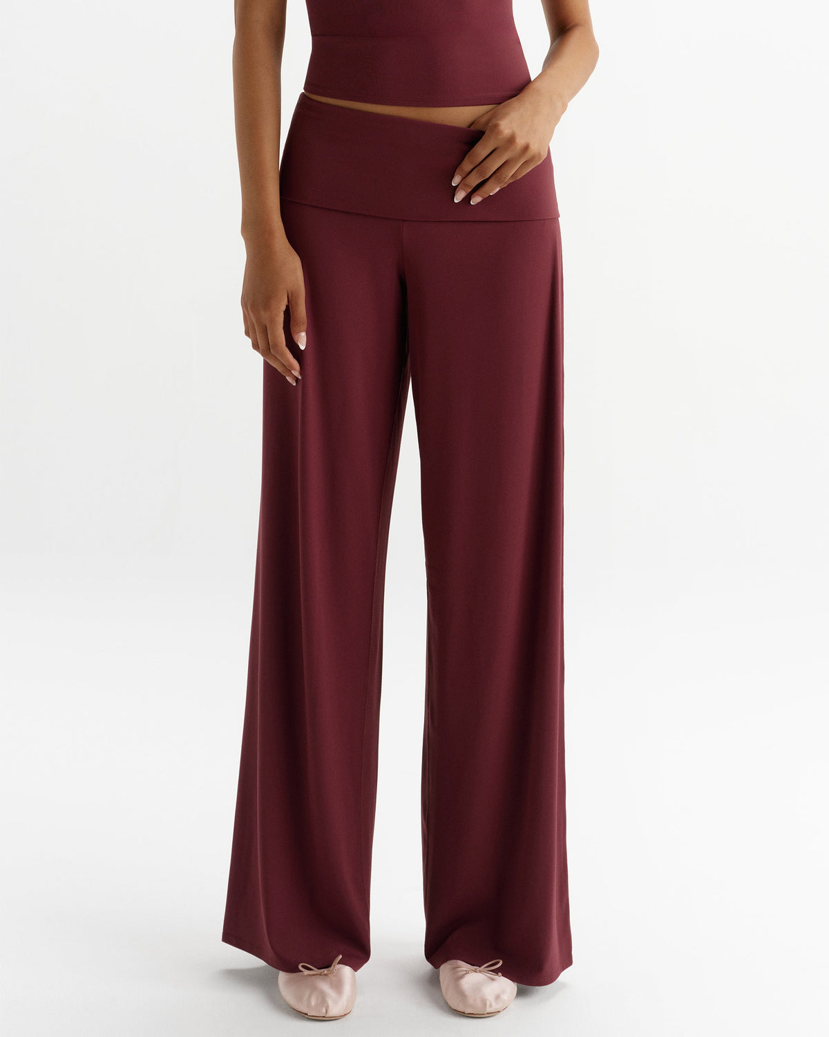Fold Over Wide Leg Yoga Pants - Damson