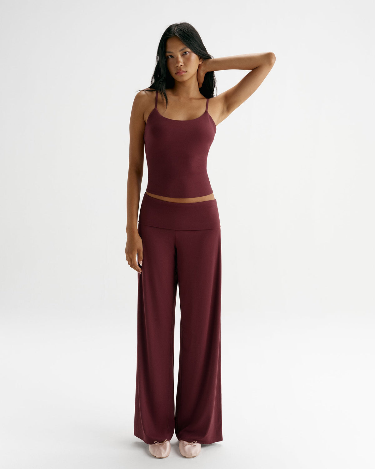 Fold Over Wide Leg Yoga Pants - Damson