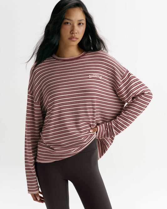 Knit Roll Hem Stripe Sweatshirt - Damson