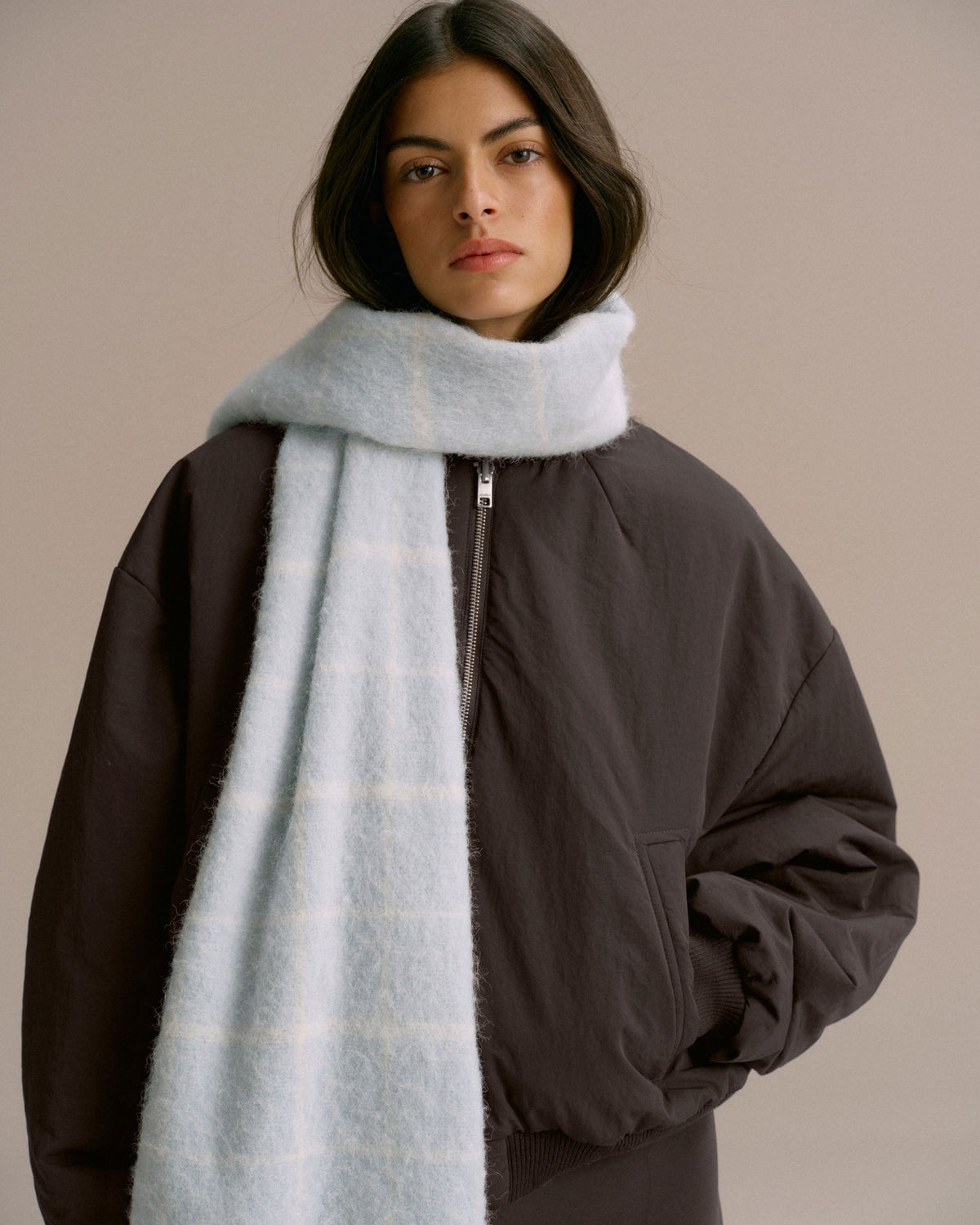Brushed Checked Scarf - Light Blue
