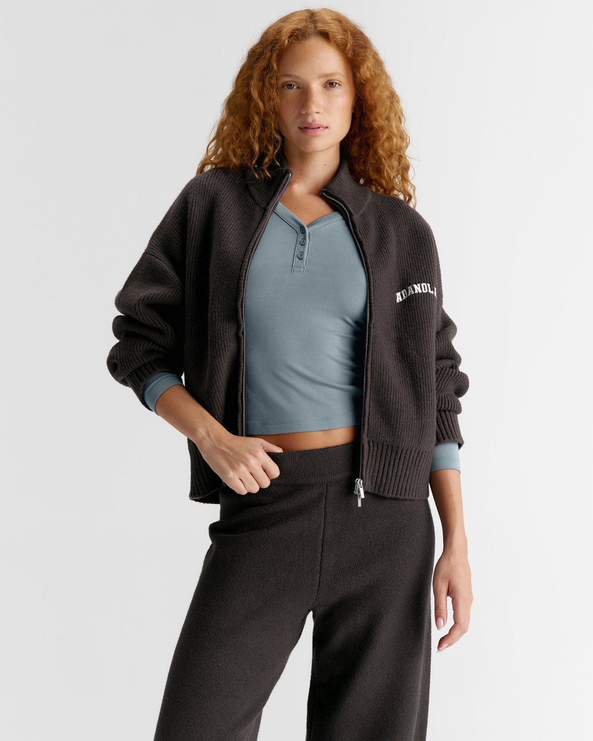 Ribbed Zip Through Knit Sweatshirt - Coffee Bean
