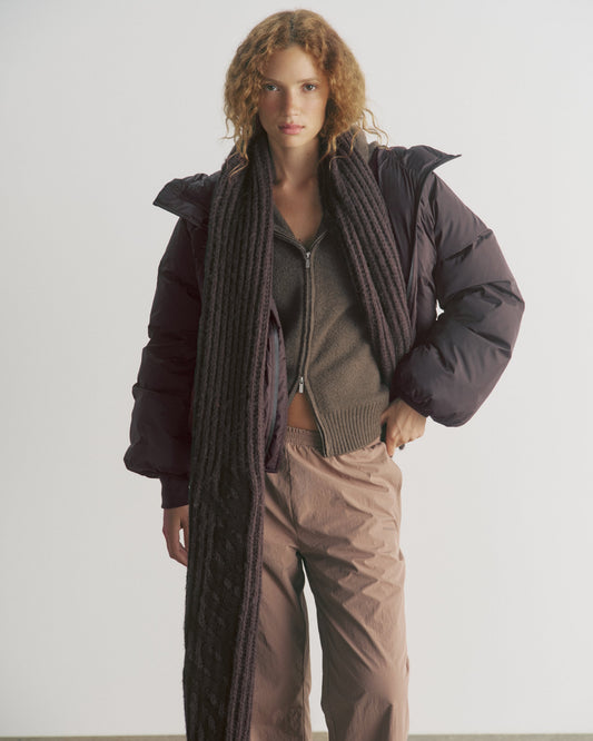 Funnel Neck Balloon Sleeve Down Puffer Jacket - Coffee Bean