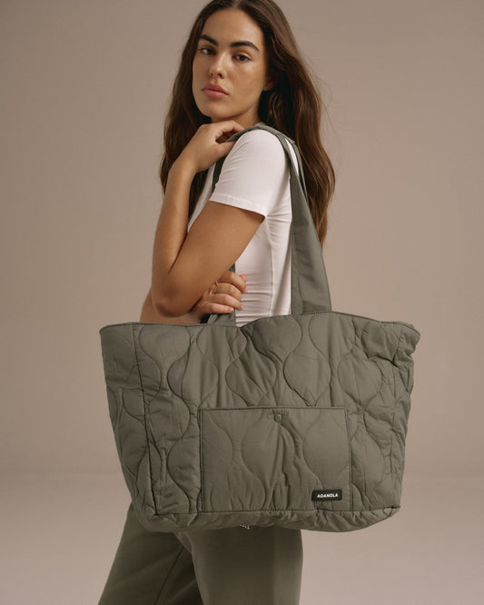 Quilted Nylon Tote Bag - Olive Green