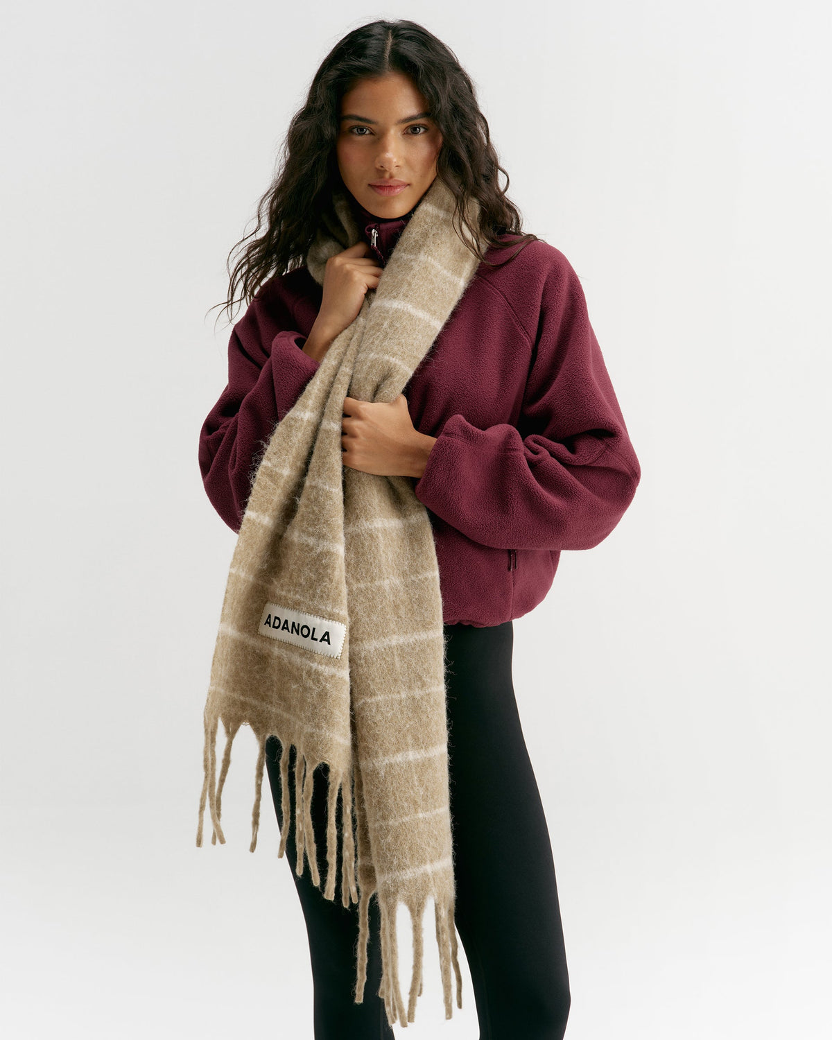 Wool Blend Brushed Checked Scarf - Stone/Marshmallow White