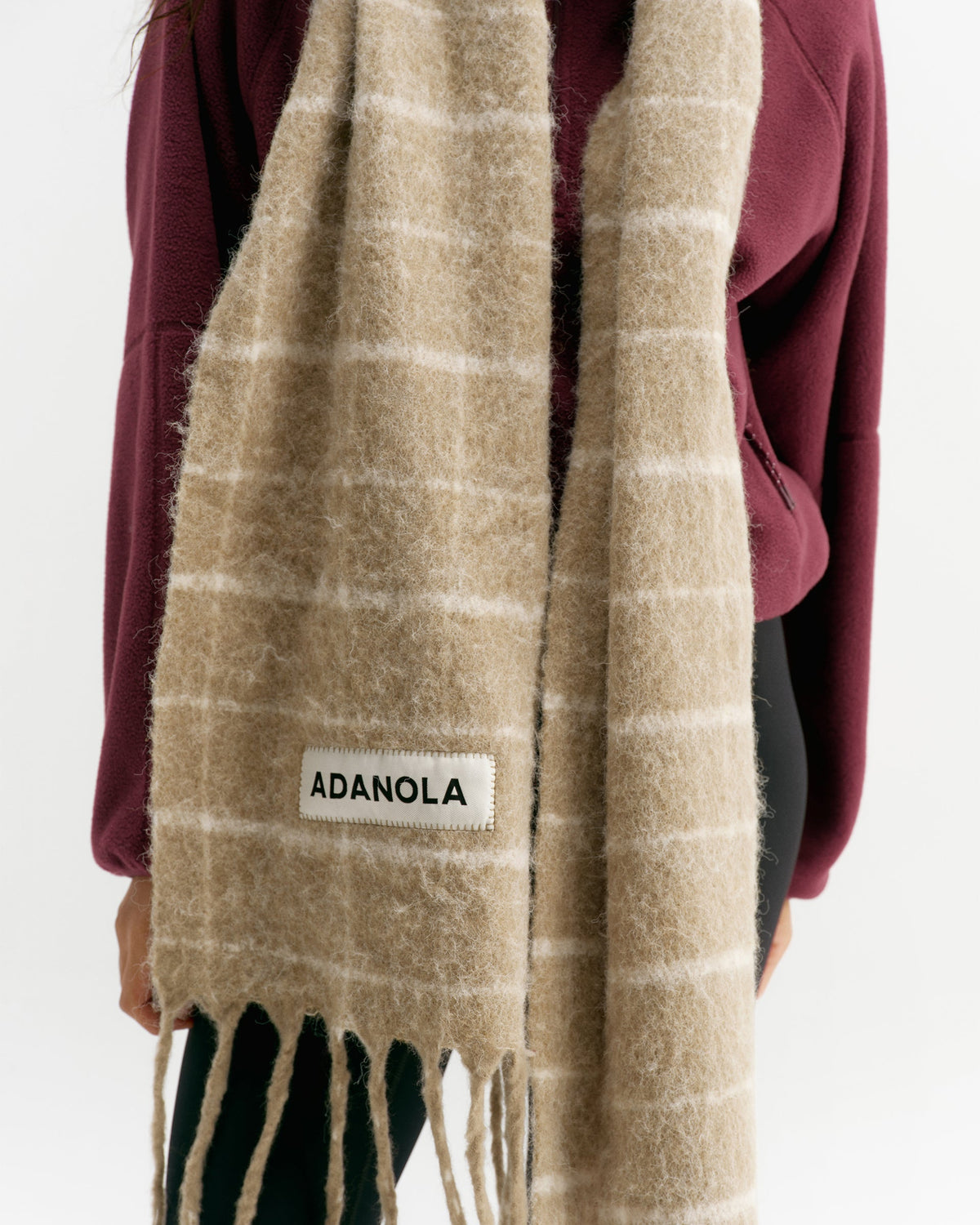 Wool Blend Brushed Checked Scarf - Stone/Marshmallow White