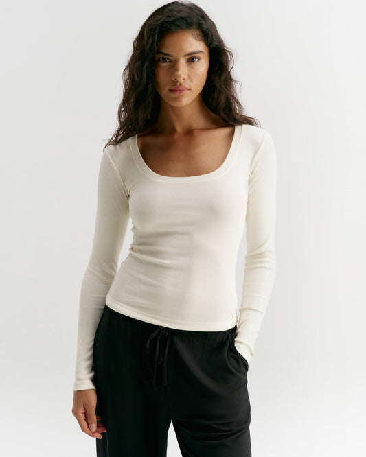Modal Soft Rib Scoop Neck Long Sleeve Top - Marshmallow White