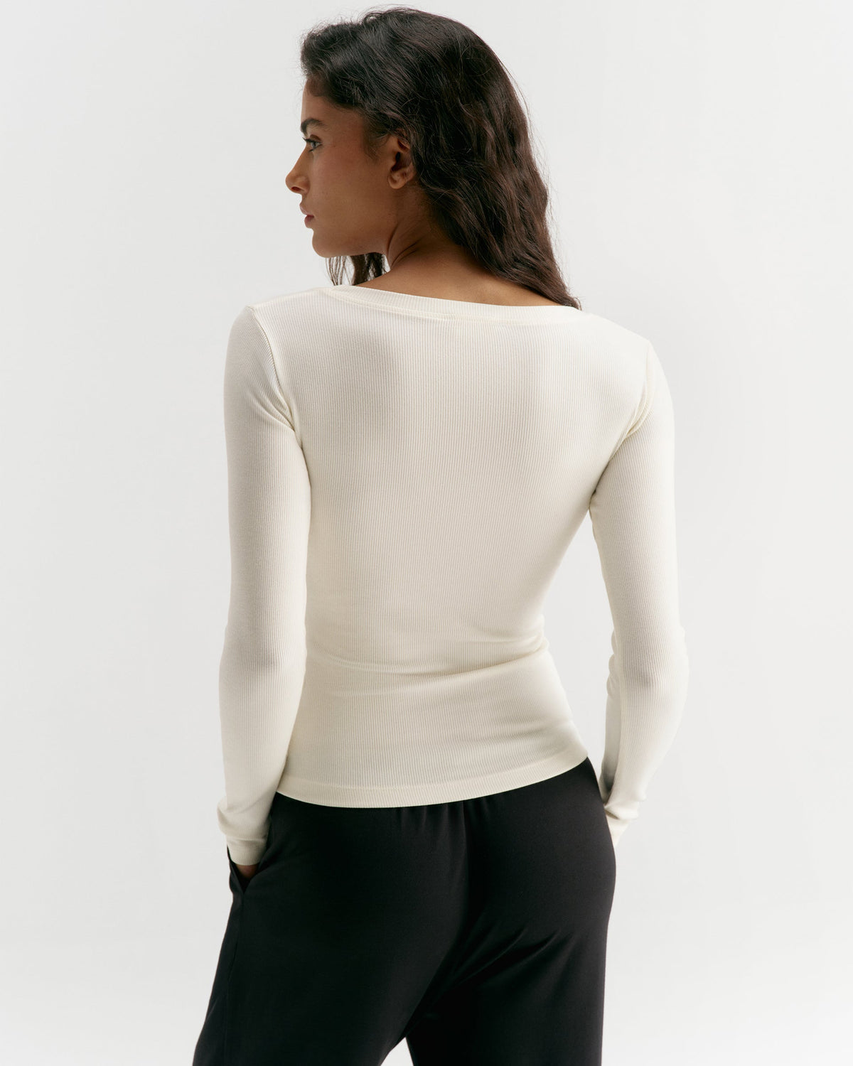Modal Soft Rib Scoop Neck Long Sleeve Top - Marshmallow White