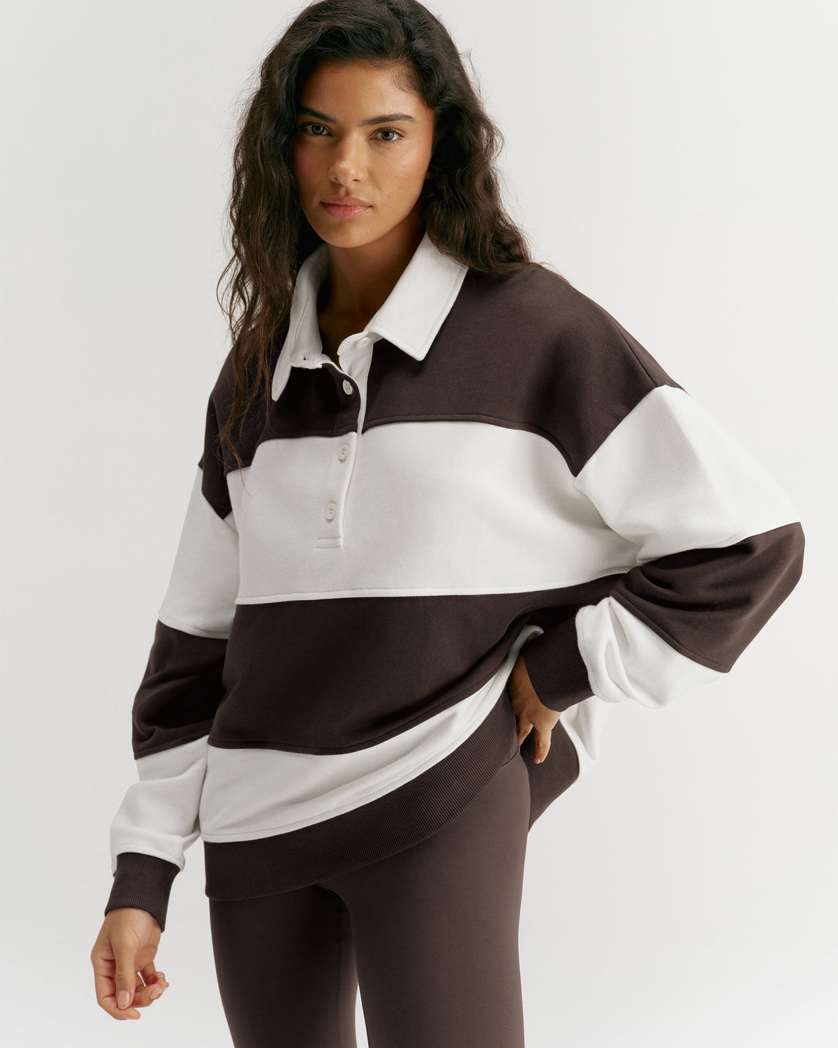 Oversized Henley Sweatshirt - Coffee Bean