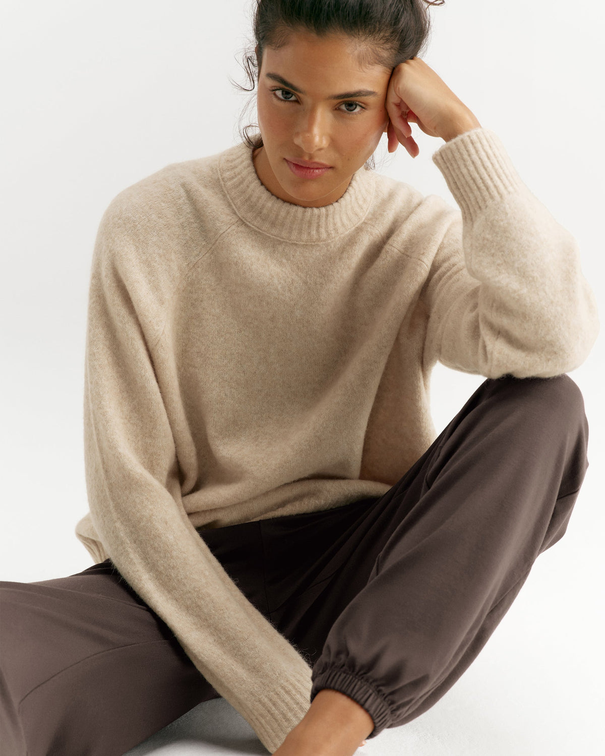 Knit Oversized Crew Sweatshirt - Oatmeal
