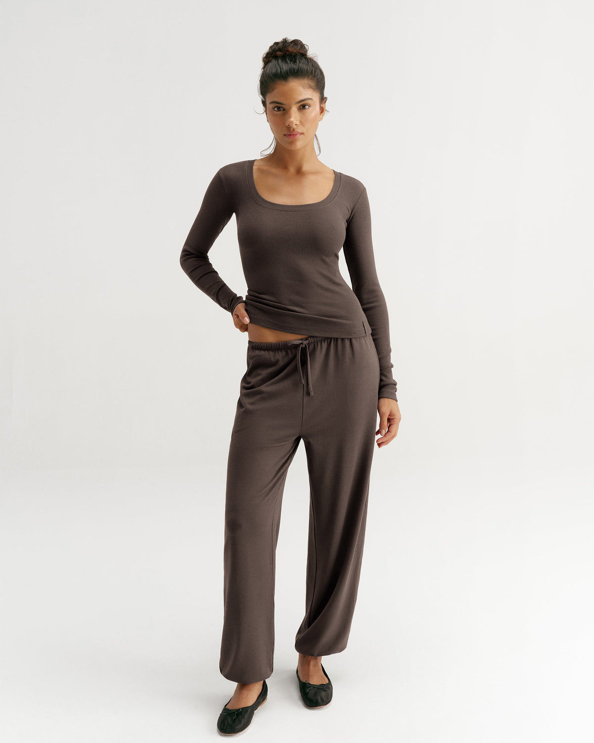 Modal Soft Rib Scoop Neck Long Sleeve Top - Coffee Bean