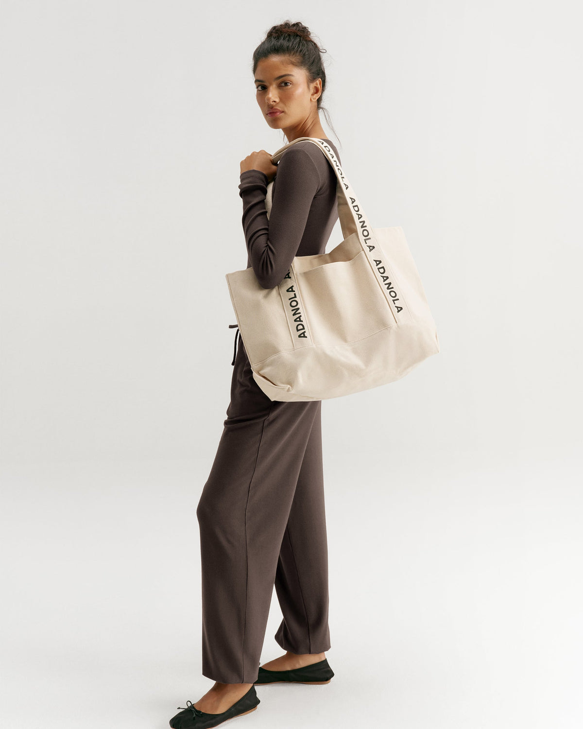 Branded Strap Tote Bag - Cream/Black