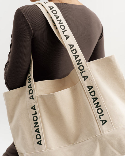 Branded Strap Tote Bag - Cream/Black