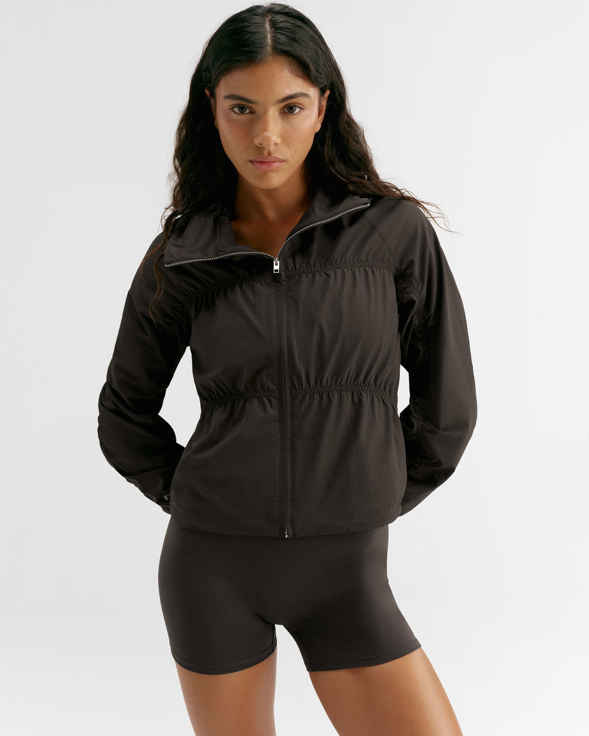 Ruched Detail Zip Up Jacket - Coffee Bean