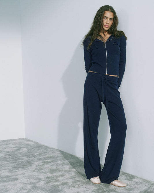 Knit Straight Leg Trousers - Navy Blue