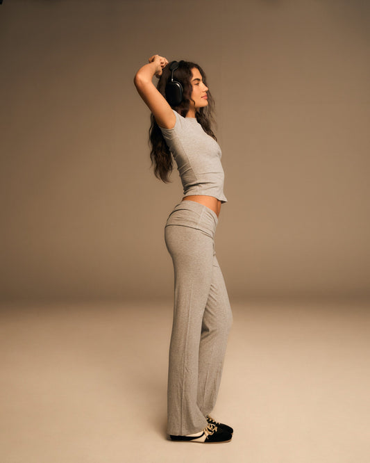 Rib Fold Over Pants - Grey Melange
