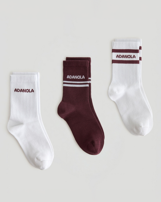 3 Pack Multi Branding Socks - Damson/White
